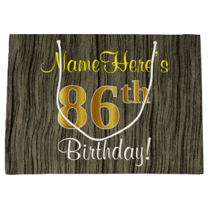 Faux Wood Look, Faux Gold 86th Birthday + Name Large Gift Bag