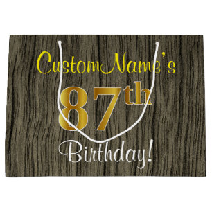 Faux Wood Look, Faux Gold 87th Birthday + Name Large Gift Bag