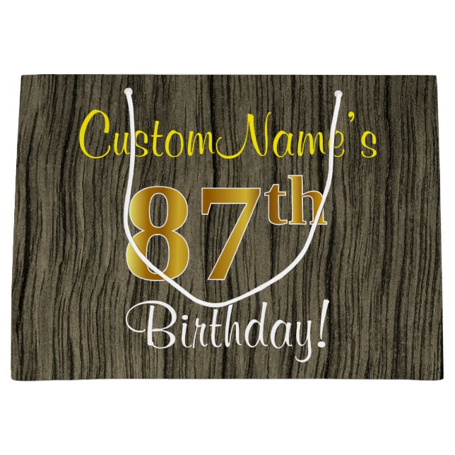 Faux Wood Look, Faux Gold 87th Birthday + Name Large Gift Bag (Front)