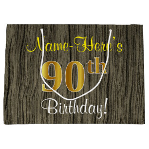 Faux Wood Look, Faux Gold 90th Birthday + Name Large Gift Bag