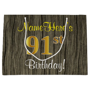 Faux Wood Look, Faux Gold 91st Birthday + Name Large Gift Bag