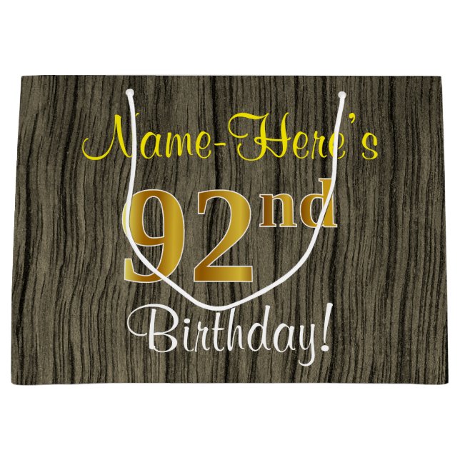 Faux Wood Look, Faux Gold 92nd Birthday + Name Large Gift Bag (Front)