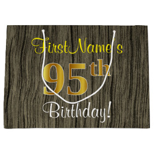 Faux Wood Look, Faux Gold 95th Birthday + Name Large Gift Bag