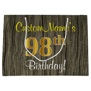 Faux Wood Look, Faux Gold 98th Birthday + Name Large Gift Bag