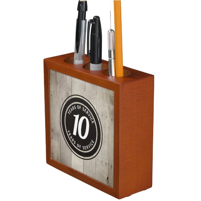 Faux wood milestone employee anniversary award desk organizer (In Situ)