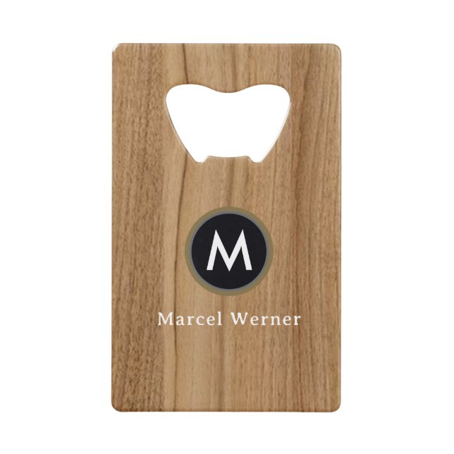 Faux-Wood (not real wood) Monogrammed Credit Card Bottle Opener (Front)