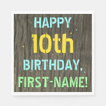 [ Thumbnail: Faux Wood, Painted Text Look, 10th Birthday + Name Napkins ]