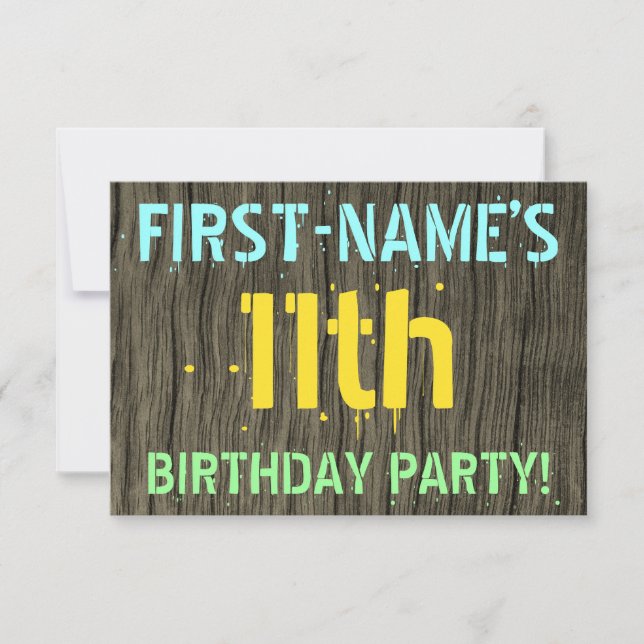 Faux Wood, Painted Text Look, 11th Birthday + Name Invitation (Front)