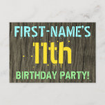 [ Thumbnail: Faux Wood, Painted Text Look, 11th Birthday + Name Invitation ]