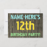 [ Thumbnail: Faux Wood, Painted Text Look, 12th Birthday + Name Invitation ]