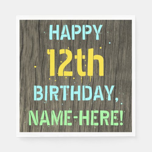 Faux Wood Painted Text Look 12th Birthday  Name Napkins