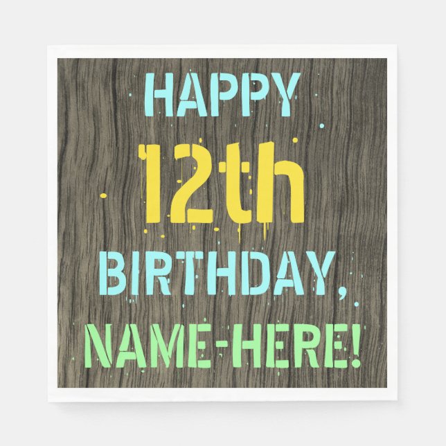 Faux Wood, Painted Text Look, 12th Birthday + Name Napkins (Front)