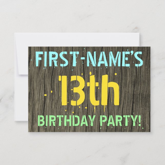 Faux Wood, Painted Text Look, 13th Birthday + Name Invitation (Front)