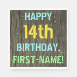 [ Thumbnail: Faux Wood, Painted Text Look, 14th Birthday + Name Napkins ]