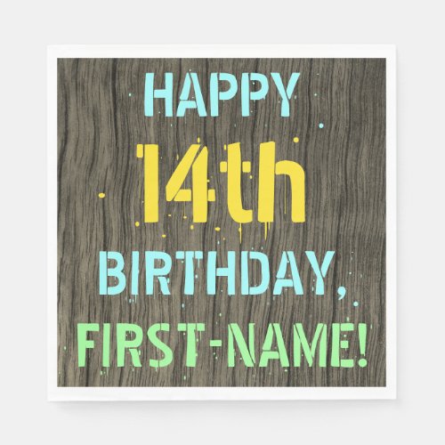 Faux Wood Painted Text Look 14th Birthday  Name Napkins