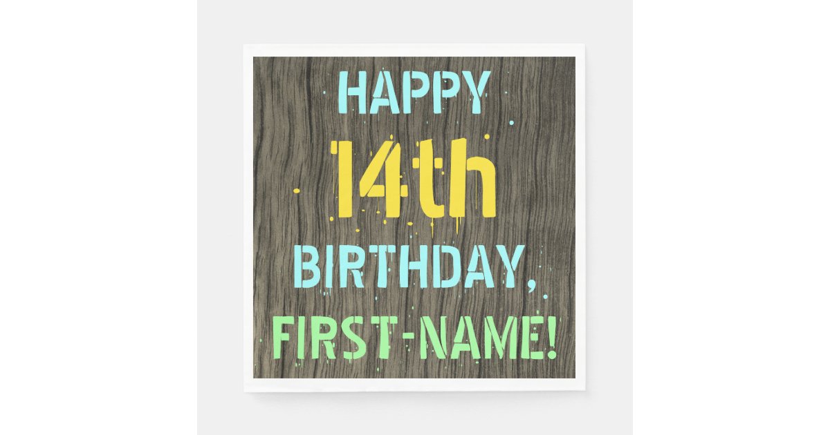 Faux Wood, Painted Text Look, 14th Birthday + Name Napkins | Zazzle
