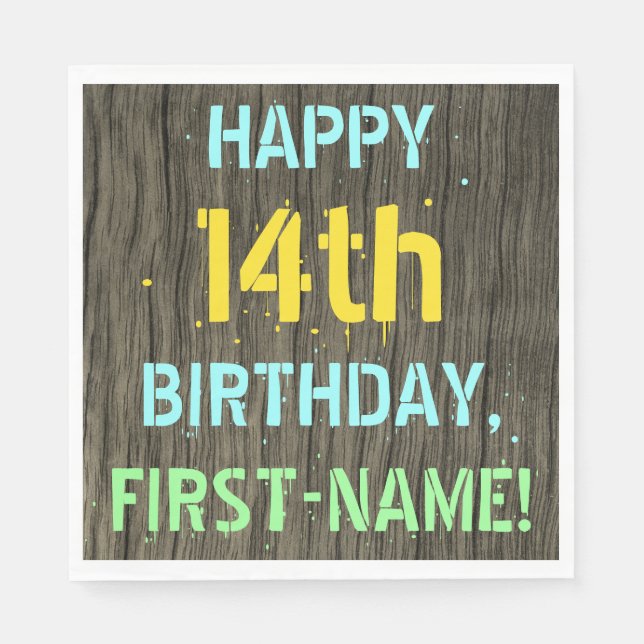 Faux Wood, Painted Text Look, 14th Birthday + Name Napkins (Front)