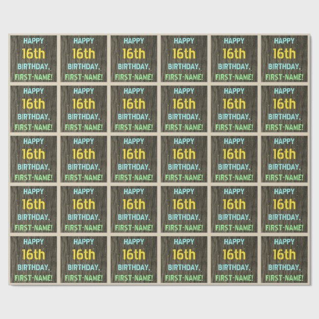 Faux Wood, Painted Text Look, 16th Birthday + Name Wrapping Paper (Flat)