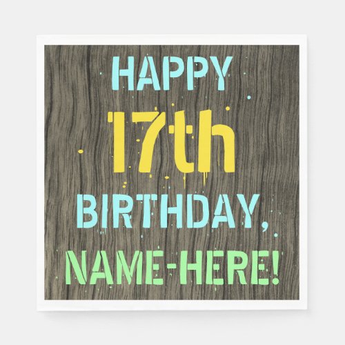 Faux Wood Painted Text Look 17th Birthday  Name Napkins