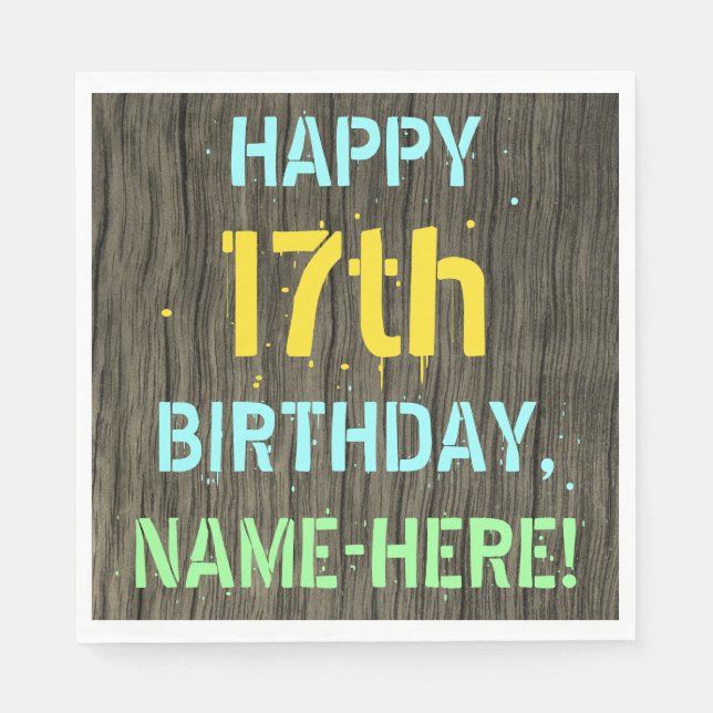 Faux Wood, Painted Text Look, 17th Birthday + Name Napkins (Front)