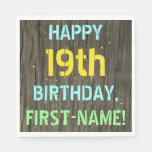 [ Thumbnail: Faux Wood, Painted Text Look, 19th Birthday + Name Napkins ]