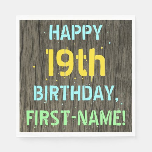 Faux Wood Painted Text Look 19th Birthday  Name Napkins