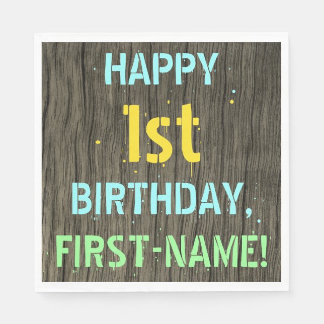 Faux Wood, Painted Text Look, 1st Birthday + Name Napkins (Front)