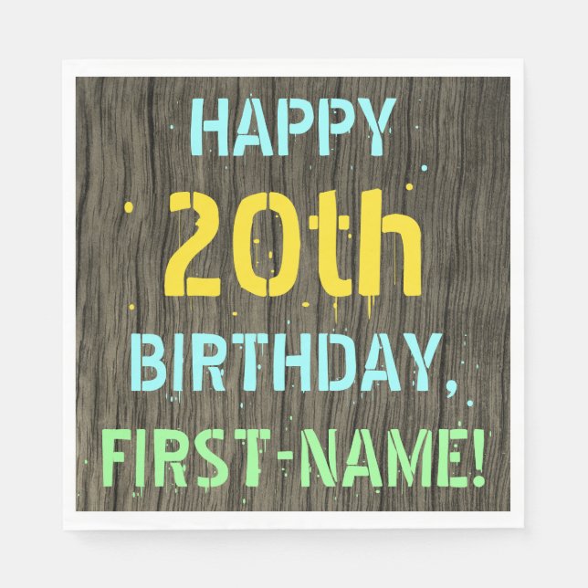 Faux Wood, Painted Text Look, 20th Birthday + Name Napkins (Front)