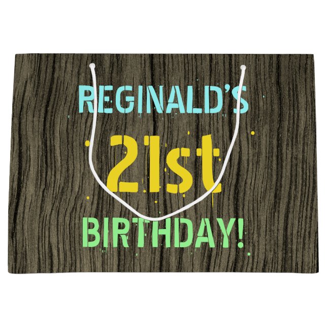Faux Wood, Painted Text Look, 21st Birthday + Name Large Gift Bag (Front)