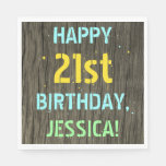 [ Thumbnail: Faux Wood, Painted Text Look, 21st Birthday + Name Napkins ]
