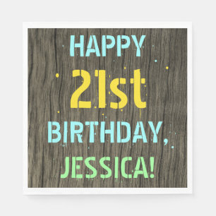 Faux Wood, Painted Text Look, 21st Birthday + Name Napkins