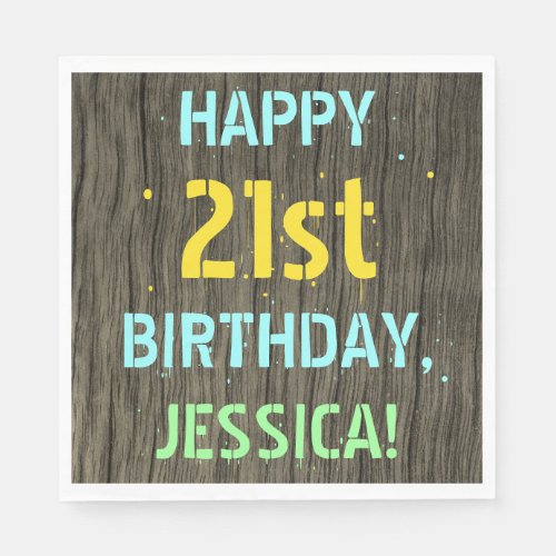 Faux Wood Painted Text Look 21st Birthday  Name Napkins
