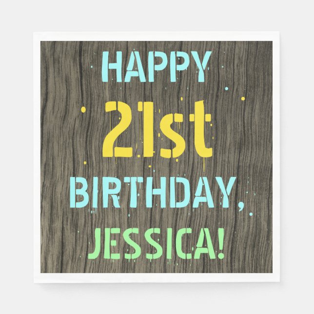 Faux Wood, Painted Text Look, 21st Birthday + Name Napkins (Front)
