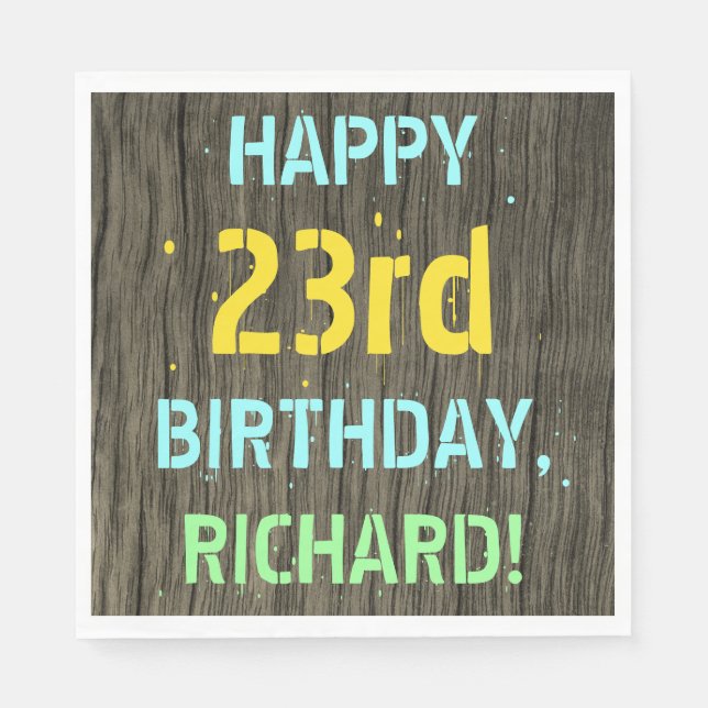 Faux Wood, Painted Text Look, 23rd Birthday + Name Napkins (Front)