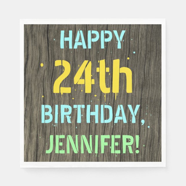 Faux Wood, Painted Text Look, 24th Birthday + Name Napkins (Front)