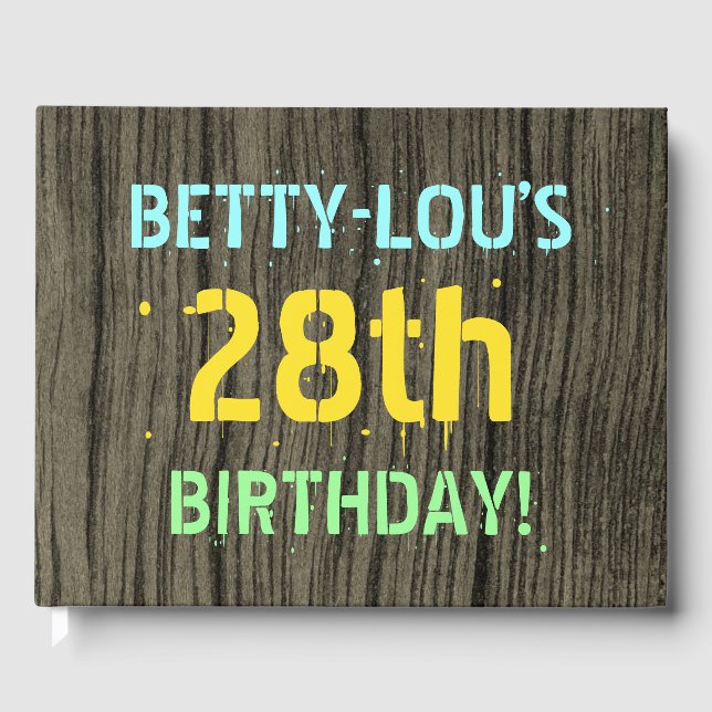 Faux Wood, Painted Text Look, 28th Birthday + Name Guest Book (Front)