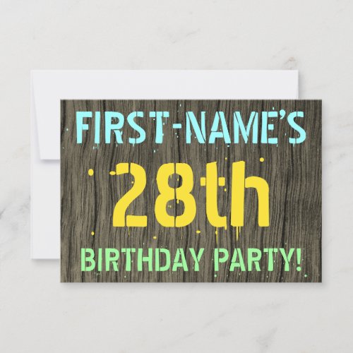 Faux Wood Painted Text Look 28th Birthday  Name Invitation