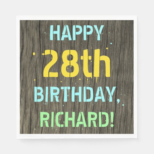 Faux Wood Painted Text Look 28th Birthday  Name Napkins