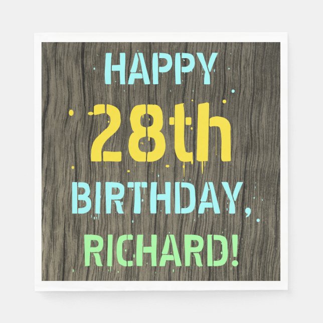 Faux Wood, Painted Text Look, 28th Birthday + Name Napkins (Front)