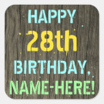 [ Thumbnail: Faux Wood, Painted Text Look, 28th Birthday + Name Sticker ]