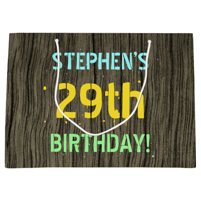 Faux Wood, Painted Text Look, 29th Birthday + Name Large Gift Bag (Front)