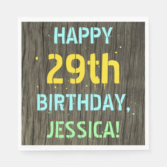 Faux Wood, Painted Text Look, 29th Birthday + Name Napkins (Front)