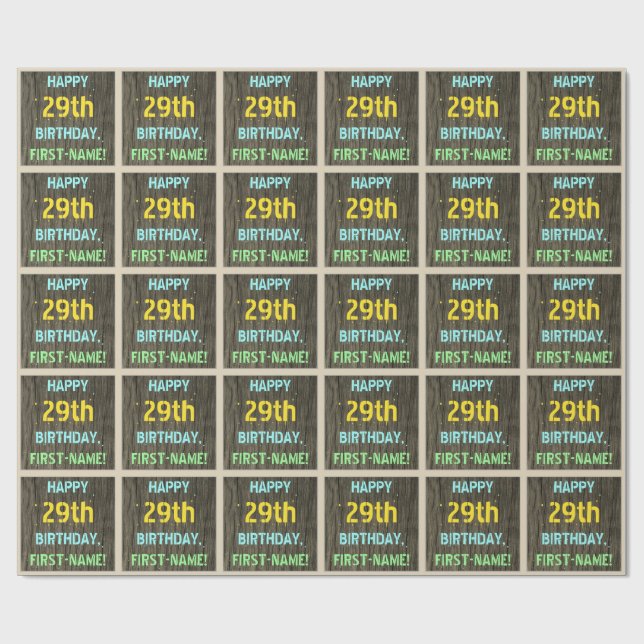 Faux Wood, Painted Text Look, 29th Birthday + Name Wrapping Paper (Flat)