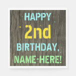 [ Thumbnail: Faux Wood, Painted Text Look, 2nd Birthday + Name Napkins ]