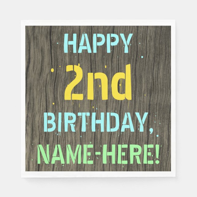 Faux Wood, Painted Text Look, 2nd Birthday + Name Napkins (Front)