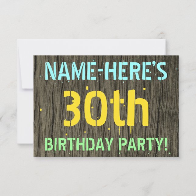 Faux Wood, Painted Text Look, 30th Birthday + Name Invitation (Front)