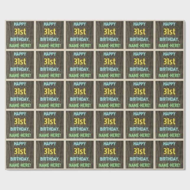 Faux Wood, Painted Text Look, 31st Birthday + Name Wrapping Paper (Flat)