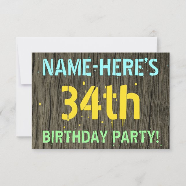 Faux Wood, Painted Text Look, 34th Birthday + Name Invitation (Front)