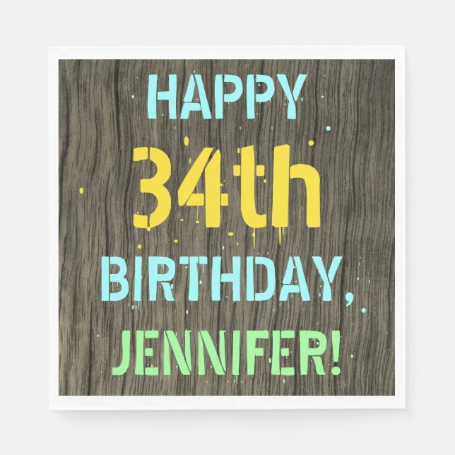 Faux Wood, Painted Text Look, 34th Birthday + Name Napkins (Front)
