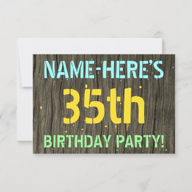 Faux Wood, Painted Text Look, 35th Birthday + Name Invitation (Front)